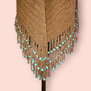 CHASING UNICORNS - CROTCHET BROWN DRESS WITH GOLD METALLIC THREAD & TURQUOISE FRINGE BEADING Est. Retail Price $340 BNWT