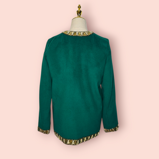 VINTAGE - Green Wool Open Coat with Gold Metallic Thread & Gold Leather Triangle Design