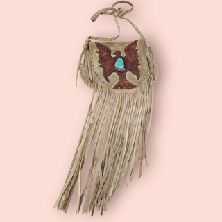 BUFFALO GIRL - VINTAGE PHEONIX LEATHER TOOLED SUEDE FRINGE HANDBAG RRP $850