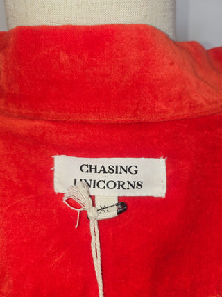 CHASING UNICORNS - 'ITS ONLY ROCK N ROLL' EMBROIDERED COTTON VELEVET LONG LINE JACKET est. RRP $720 NWT