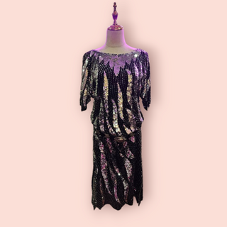 VINTAGE - 80s HAND SEWN SEQUIN AND BEAD EMBELLISHED SILK DRESS