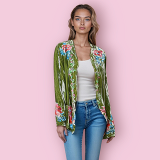 CHASING UNICORNS - 'ONE NIGHT IN HEAVEN' Silk Velvet & Embroidered Short Housecoat  RRP $592 NWT (current season)