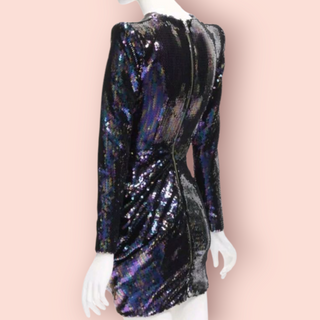 ALEX PERRY - IRIS PETROL BLUE SEQUINS SHOULDER PADDED DRAPED MINI DRESS IN PETROL BLUE RRP $6940