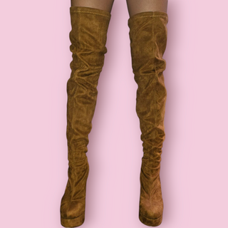 CHRISTIAN LOUBOUTIN - AUTHENTIC LOUISE XI 120 LIGHT BROWN SUEDE CALFSKIN THIGH HIGH STILLETO PLATFORM BOOTS est. RRP $3879