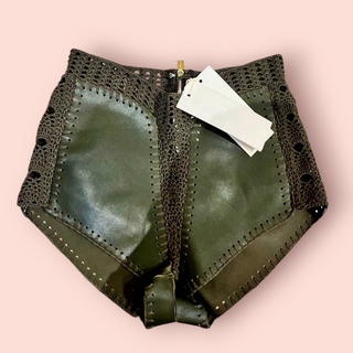 DION LEE - 'Leather Moss Green Crochet Shorts RRP $1690 NWT