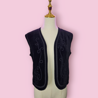 WRAGGS - VINTAGE BLACK VELVETY EMBROIDED OPEN VEST