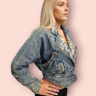 VINTAGE - 80'S DENIM ACID WASH EMBELLISHED CROPPED DENIM JACKET