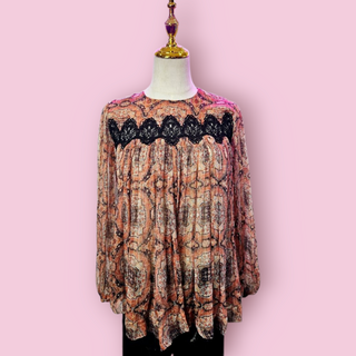 ZIMMERMANN - BOHEMIAN LUXE SEMI SHEER METALLIC CROTCHET TRIM BLOUSE est. RRP $487