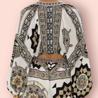 CAMILLA - Lace Up Front Tile Style Bohemian Blouse RRP $579 NWT