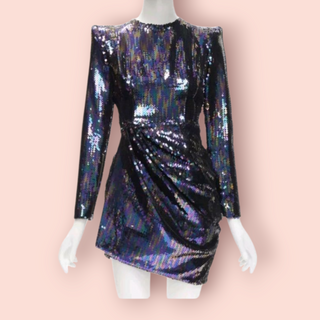 ALEX PERRY - IRIS PETROL BLUE SEQUINS SHOULDER PADDED DRAPED MINI DRESS IN PETROL BLUE RRP $6940