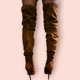 CHRISTIAN LOUBOUTIN - AUTHENTIC LOUISE XI 120 LIGHT BROWN SUEDE CALFSKIN THIGH HIGH STILLETO PLATFORM BOOTS est. RRP $3879