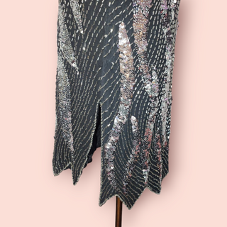 VINTAGE - 80s HAND SEWN SEQUIN AND BEAD EMBELLISHED SILK DRESS