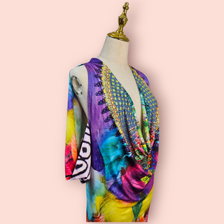 CAMILLA - Vintage Multicoloured Plunge Neck & Stretch Maxi Dress est. RRP $ 620