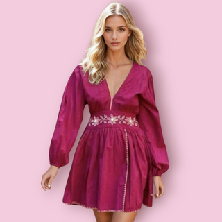 CHASING UNICORNS - 'IT'S A DREAM' Embroidered Balloon Sleeve Mini Dress with Crochet Trim Est. RRP $389