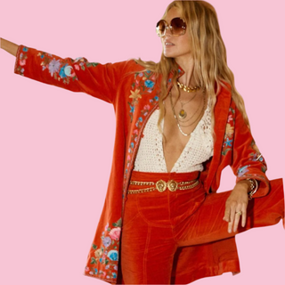 CHASING UNICORNS - 'ITS ONLY ROCK N ROLL' EMBROIDERED COTTON VELEVET LONG LINE JACKET est. RRP $720 NWT