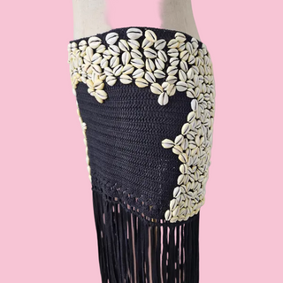 SPELL - RARE VINTAGE PULL-UP CROCHET SKIRT WITH HANDSEWN EMBELLISHED SHELLS with LONG FRINGING BNWT