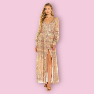 HEMNANT & NANDITA - 'NOOR' V-neck Metallic Gold Boho Dress RRP $649 NWT