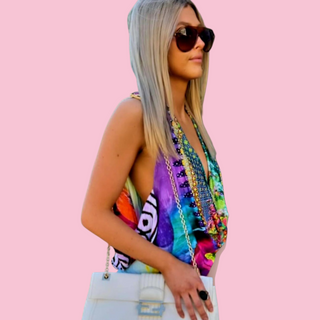 CAMILLA - Vintage Multicoloured Plunge Neck & Stretch Maxi Dress est. RRP $ 620