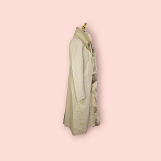 VINTAGE - 70'S LYST OFF WHITE LEATHER TRENCH COAT WITH RABBIT FUR COLLAR AND TRIMMINGS MADE IN ITALY