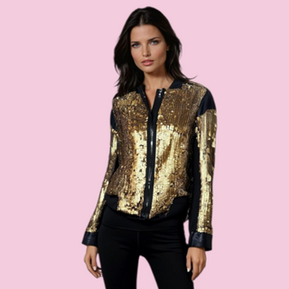 MANNING CARTEL - GOLD SEQUIN & 100% Silk Georgette Contrast Bomber Style Jacket est. RRP $699