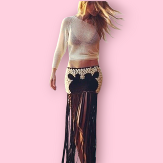 SPELL - RARE VINTAGE PULL-UP CROCHET SKIRT WITH HANDSEWN EMBELLISHED SHELLS with LONG FRINGING BNWT