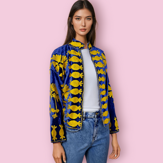 BOHO LUXE - Navy Blue Open Style Lightweight Velvet Jacket with Tan Flower Handsewn Embroidery NEW