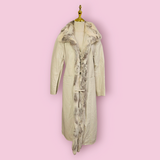 VINTAGE - 70'S LYST OFF WHITE LEATHER TRENCH COAT WITH RABBIT FUR COLLAR AND TRIMMINGS MADE IN ITALY