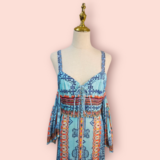 HEMANT & NADITA - Embellished Turquoise Multicolour Maxi Dress with off the Shoulder Sleeves Est. RRP $579