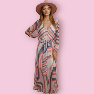 TALULAH - 'RAINBOW SWIRL' 70'S Inspired Silk Dress with Gold Metallic Thread Est. RRP $289