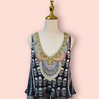 CAMILLA - ' STATE OF DISORDER' Short / Long Overlay Top RRP $749