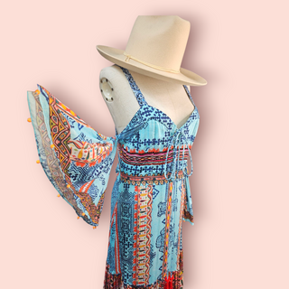 HEMANT & NADITA - Embellished Turquoise Multicolour Maxi Dress with off the Shoulder Sleeves Est. RRP $579