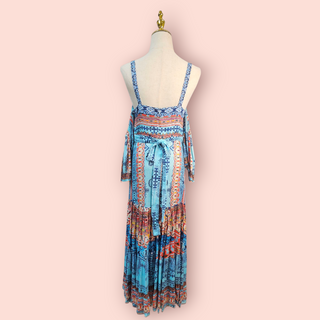 HEMANT & NADITA - Embellished Turquoise Multicolour Maxi Dress with off the Shoulder Sleeves Est. RRP $579