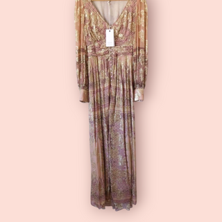 HEMNANT & NANDITA - 'NOOR' V-neck Metallic Gold Boho Dress RRP $649 NWT