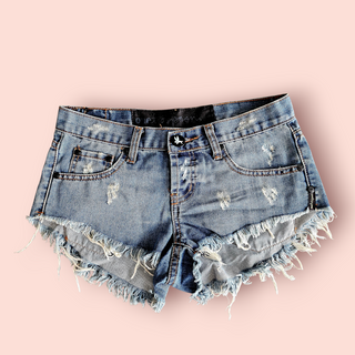 ONE TEASPOON - Vintage Med Denim Shorts with Raw Fringed Hem & Suede Back Pockets