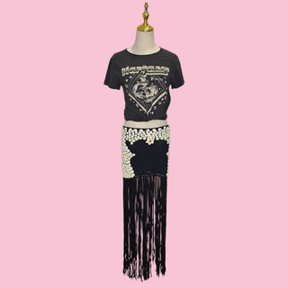 SPELL - RARE VINTAGE PULL-UP CROCHET SKIRT WITH HANDSEWN EMBELLISHED SHELLS with LONG FRINGING BNWT