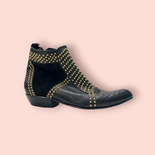 ANINE BING - CHARLIE BLACK STUDDED GOLD EMBELLISHED LEATHER AND SUEDE ANKLE BOOTS est. RRP $700