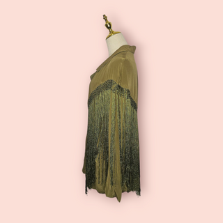 CHASING UNICORNS - Olive Green 100% Silk Casual Fringe Jacket est RRP $429 NWT