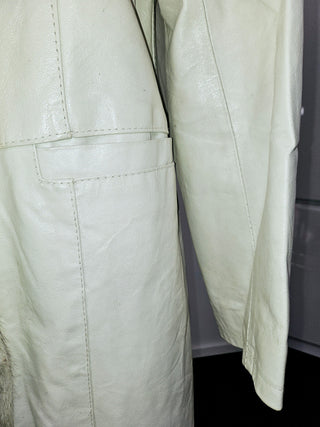 VINTAGE - 70'S LYST OFF WHITE LEATHER TRENCH COAT WITH RABBIT FUR COLLAR AND TRIMMINGS MADE IN ITALY