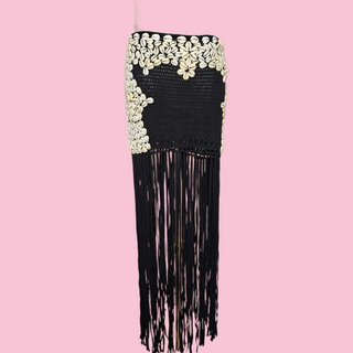 SPELL - RARE VINTAGE PULL-UP CROCHET SKIRT WITH HANDSEWN EMBELLISHED SHELLS with LONG FRINGING BNWT