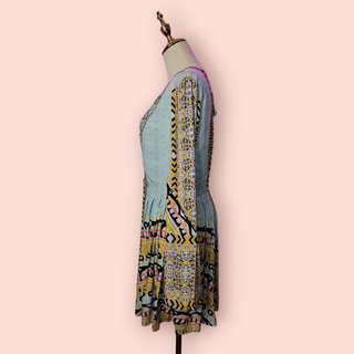FREE PEOPLE - TEGAN BORDER PRINTED MINI DRESS V-NECK RRP $149 BNWT