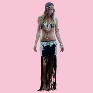 SPELL - RARE VINTAGE PULL-UP CROCHET SKIRT WITH HANDSEWN EMBELLISHED SHELLS with LONG FRINGING BNWT