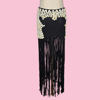 SPELL - RARE VINTAGE PULL-UP CROCHET SKIRT WITH HANDSEWN EMBELLISHED SHELLS with LONG FRINGING BNWT