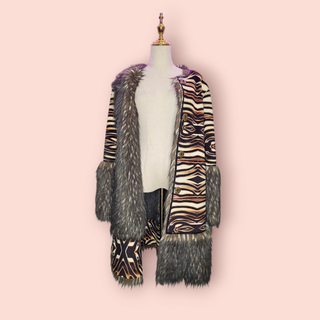 CUSTO BARCELONA - VINTAGE EUROPEON ANIMAL PRINTED SUEDE LIKE COAT WITH FAUX FUR TRIM & LINING est. RRP AU $1200