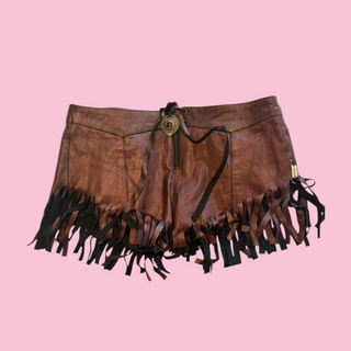 ONE TEASPOON - Vintage Leather Shorts with Leather Fringe Hem RRP $269