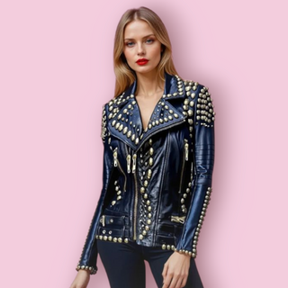 WITCHERY - VINTAGE GOLD METAL STUDDED THICK LEATHER JACKET RRP $879