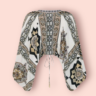 CAMILLA - Lace Up Front Tile Style Bohemian Blouse RRP $579 NWT