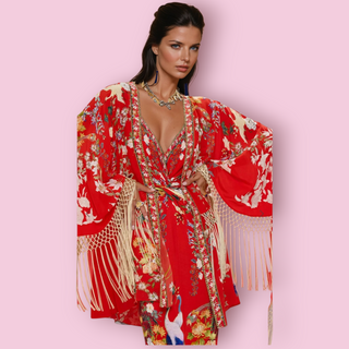 CAMILLA - 'THE LISBOA LUXE' Draped Fringed Kimono Shawl High Low RRP $1300