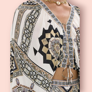 CAMILLA - Lace Up Front Tile Style Bohemian Blouse RRP $579 NWT