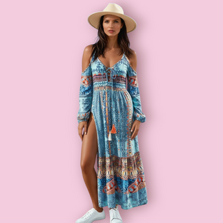 HEMANT & NADITA - Embellished Turquoise Multicolour Maxi Dress with off the Shoulder Sleeves Est. RRP $579