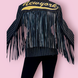 COOPER - 'EMPIRE STATE OF MIND NEWYORK' stripped fringed jacket est. RRP $690